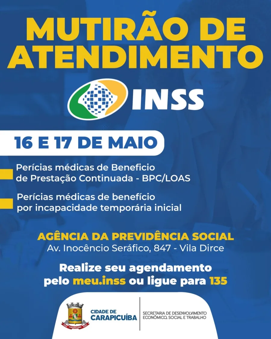 A ação será organizada pela Secretaria de Desenvolvimento Econômico, Social e Trabalho e acontecerá na Agência da Previdência Social da Vila Dirce. O atendimento será destinado principalmente a solicitações ligadas ao BPC/LOAS e ao benefício por incapacidade temporária.