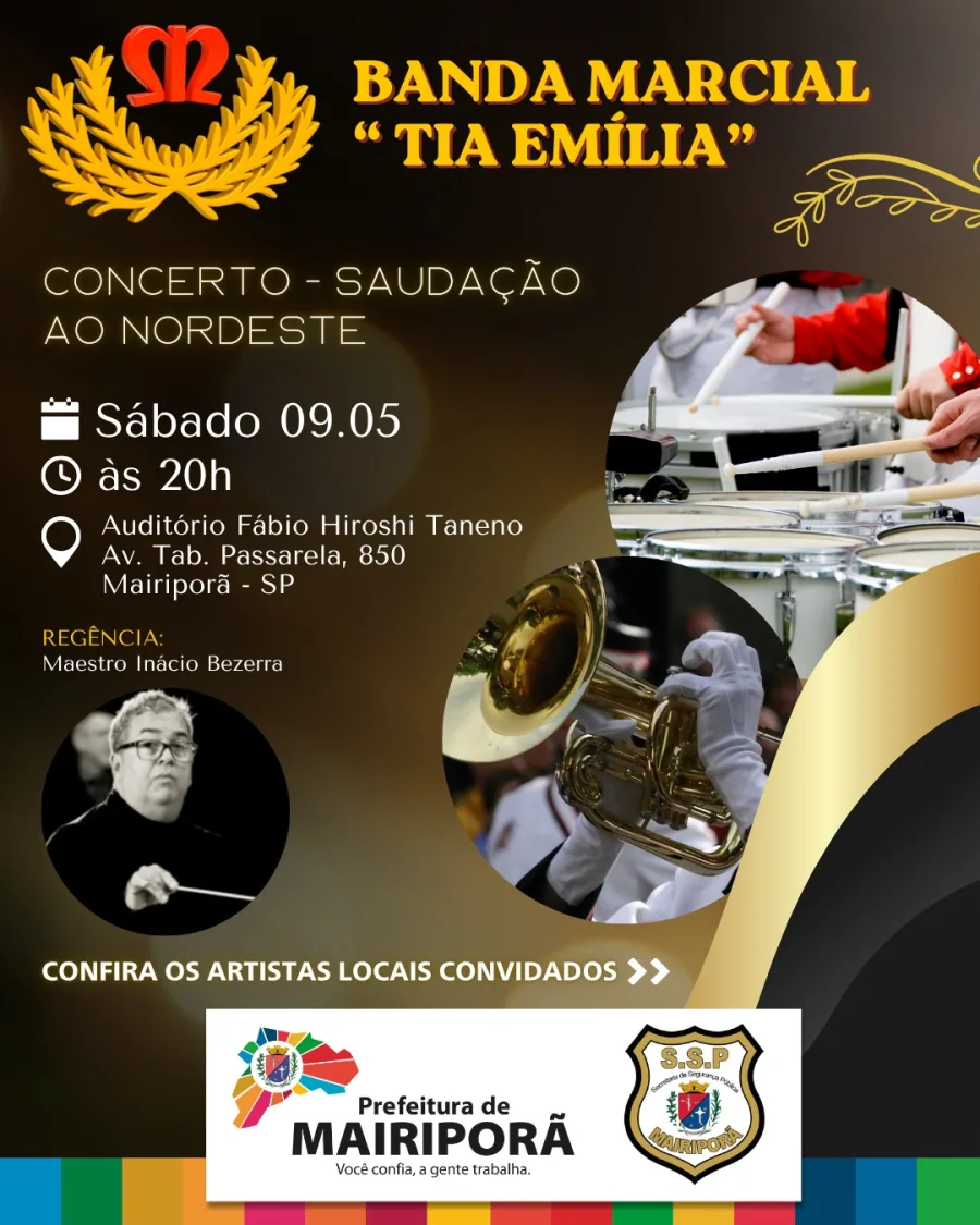 O concerto Saudação ao Nordeste acontece em Mairiporã neste sábado, às 20h, no Auditório Fábio Hiroshi Taneno. A apresentação reúne música e dança em homenagem ao Dia das Mães, com entrada gratuita e participação de artistas locais.