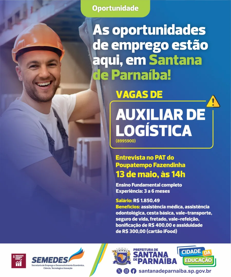 PAT de Santana de Parnaíba anuncia vagas com benefícios, bônus e contratação rápida para logística e indústria