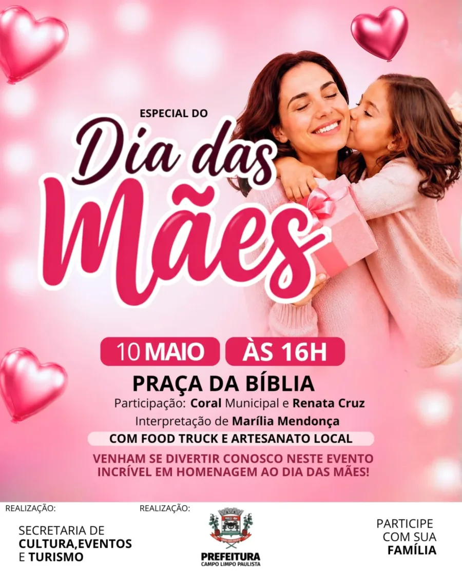 A programação começa às 16h e inclui apresentações do Coral Municipal, participação da cantora Renata Cruz e interpretação de sucessos de Marília Mendonça. O espaço também contará com food trucks e exposição de artesanato local.
