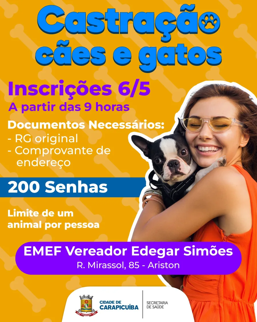 O atendimento será feito por ordem de chegada, com distribuição de 200 senhas, o que exige atenção dos moradores interessados em garantir vaga. A ação integra o controle populacional de animais domésticos no município.