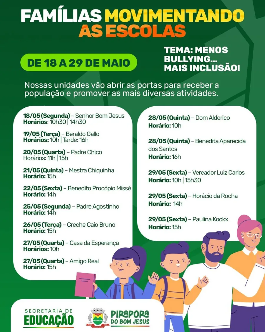 Neste ano, o tema escolhido pela Secretaria Municipal de Educação será “Menos Bullying… Mais Inclusão”, proposta voltada à conscientização sobre respeito, acolhimento e convivência saudável dentro das unidades de ensino. A programação ocorrerá em diferentes escolas da cidade ao longo de duas semanas.