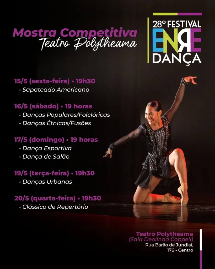 Sapateado, danças urbanas, folclóricas e dança de salão fazem parte da programação competitiva do Festival Enredança em Jundiaí neste mês de maio.
