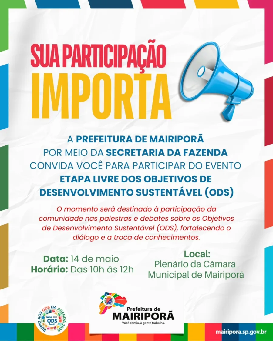 Segundo a administração municipal, o evento terá palestras, debates e espaço para diálogo entre comunidade e poder público sobre iniciativas voltadas ao desenvolvimento sustentável da cidade. A ação será organizada pela Secretaria da Fazenda e pretende ampliar a participação popular em discussões sobre planejamento urbano, responsabilidade social e políticas públicas.