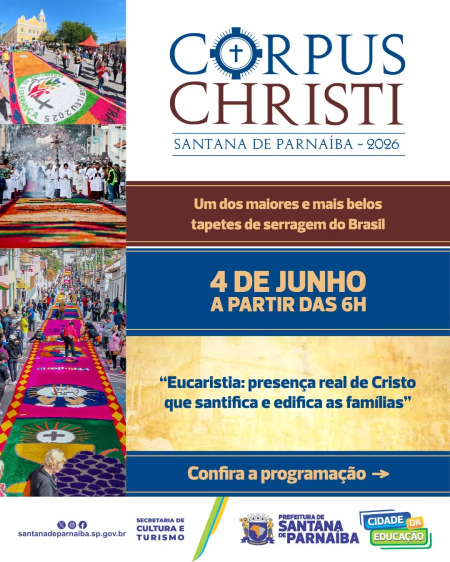 Reconhecido pelos tapetes coloridos feitos à mão, o Corpus Christi de Santana de Parnaíba terá programação religiosa, feira gastronômica e atrações culturais durante todo o dia.