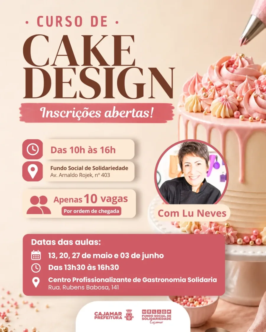 Fundo Social de Cajamar recebe inscrições para curso de confeitaria com Lu Neves, focado em decoração de bolos e geração de renda.