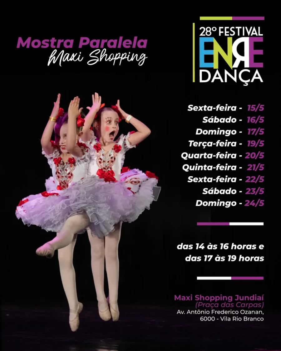 Maxi Shopping recebe apresentações da mostra paralela do Festival Enredança com grupos infantis e performances gratuitas ao longo de vários dias.