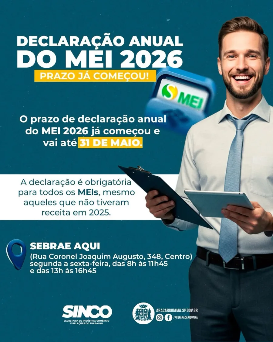 O prazo para entrega da Declaração Anual Obrigatória do MEI termina em 31 de maio e todos os microempreendedores individuais precisam regularizar a situação até essa data, inclusive aqueles que não tiveram faturamento ao longo de 2025.