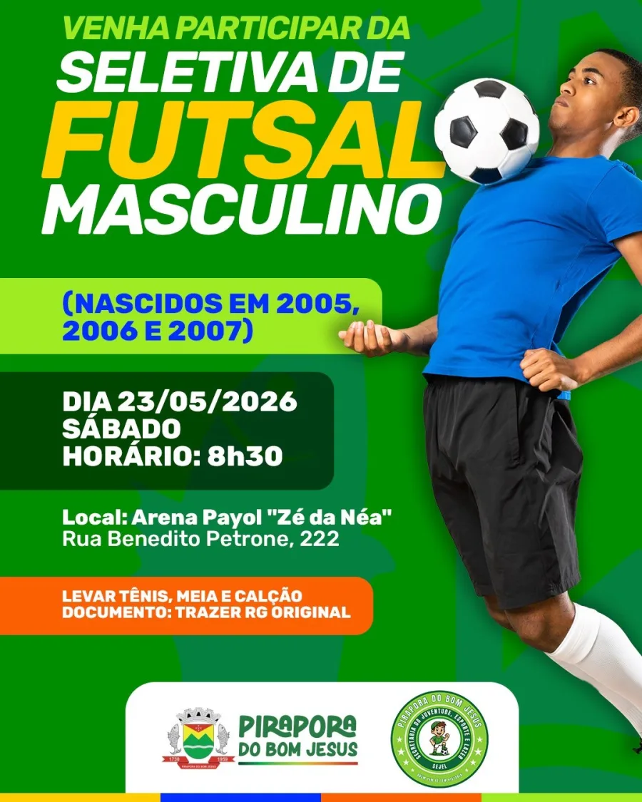 A Prefeitura de Pirapora do Bom Jesus realiza no dia 23 de maio uma seletiva de futsal masculino para formar a equipe que representará a cidade nos Jogos Regionais.