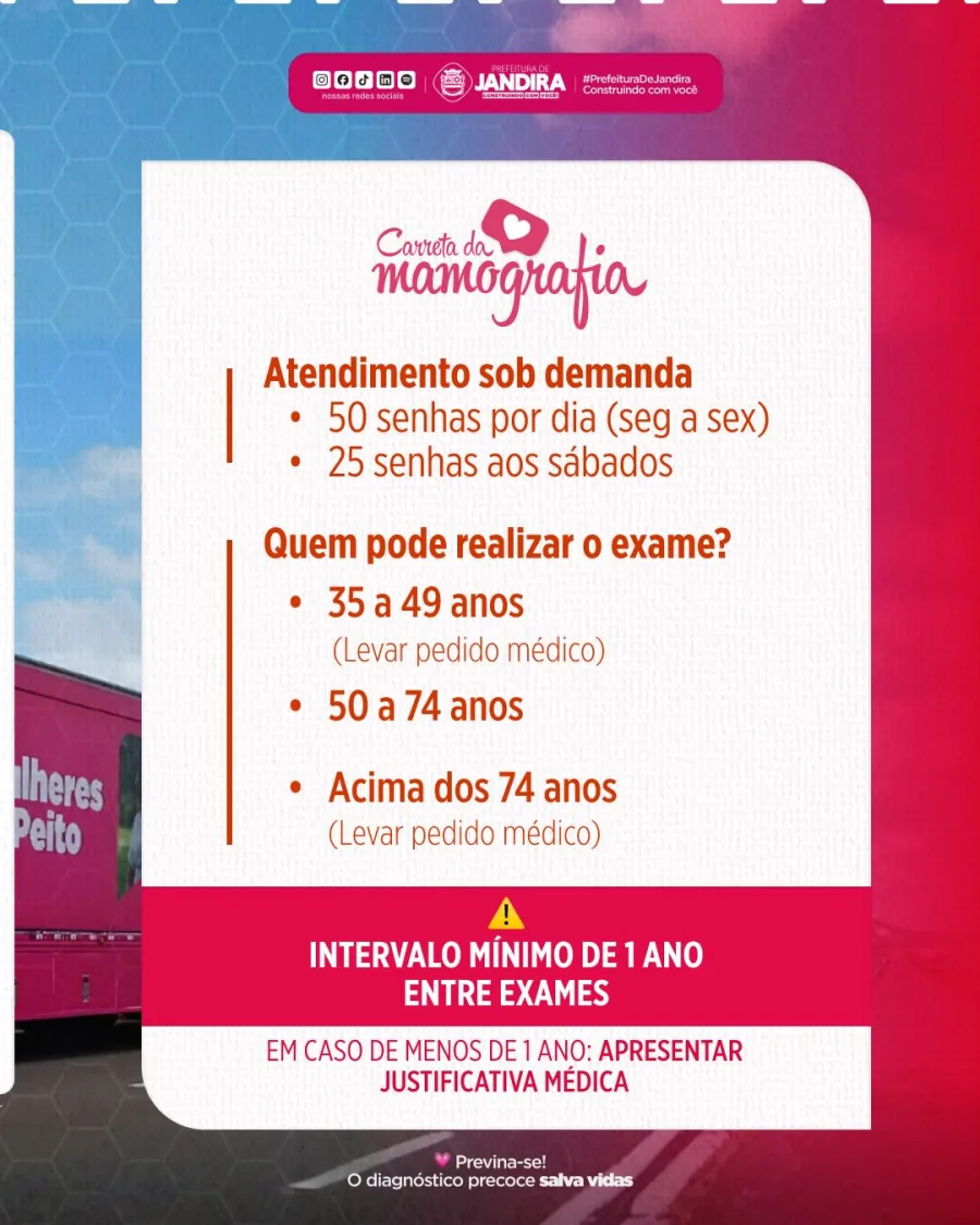 Mamografia gratuita: Jandira recebe unidade móvel com atendimento para mulheres de 35 a 74 anos