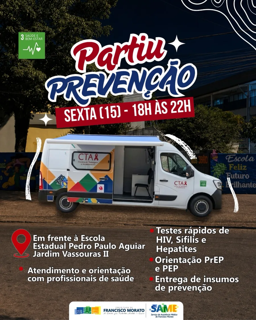 Moradores de Francisco Morato poderão fazer testes rápidos de HIV, sífilis e hepatites durante ação de saúde em frente à Escola Estadual Pedro Paulo Aguiar.