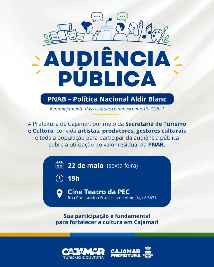 O encontro sobre a PNAB em Cajamar será aberto para artistas, produtores culturais, gestores e moradores interessados nas políticas públicas de cultura.