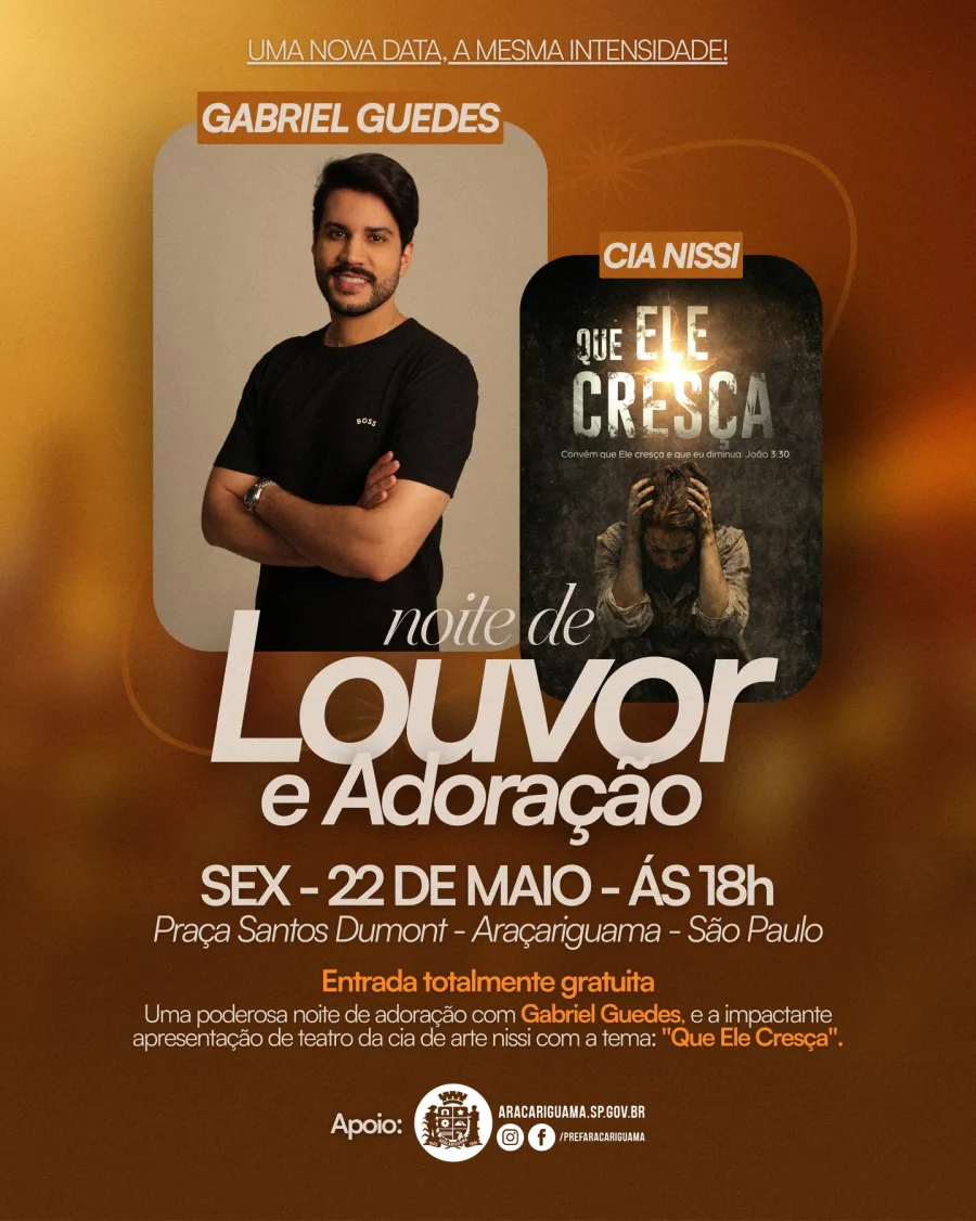 O evento será realizado às 18h na Praça Santos Dumont e deve reunir público para apresentações de música e teatro cristão em Araçariguama.