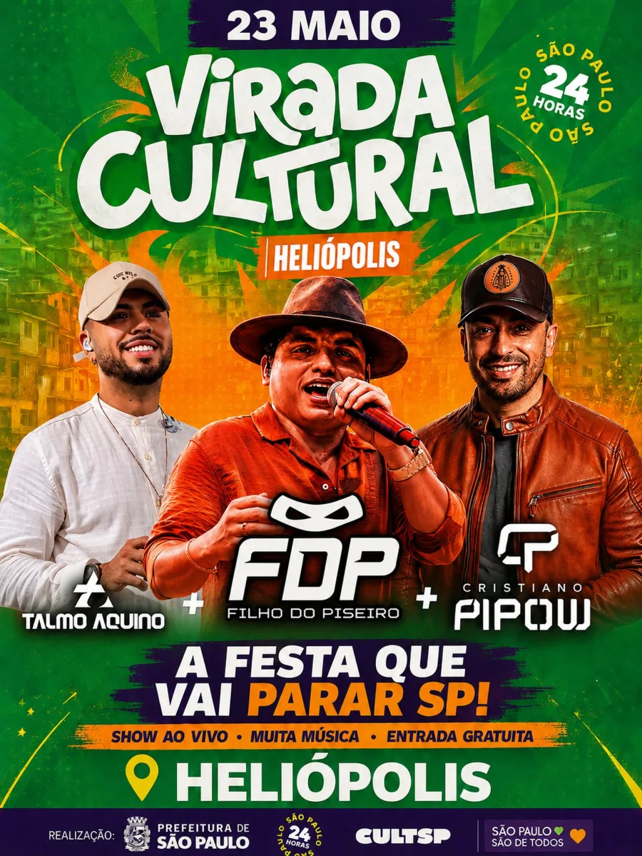 A Prefeitura de São Paulo confirmou artistas populares e DJs em Heliópolis durante a Virada Cultural 2026, evento que terá mais de 1,2 mil atrações pela cidade.