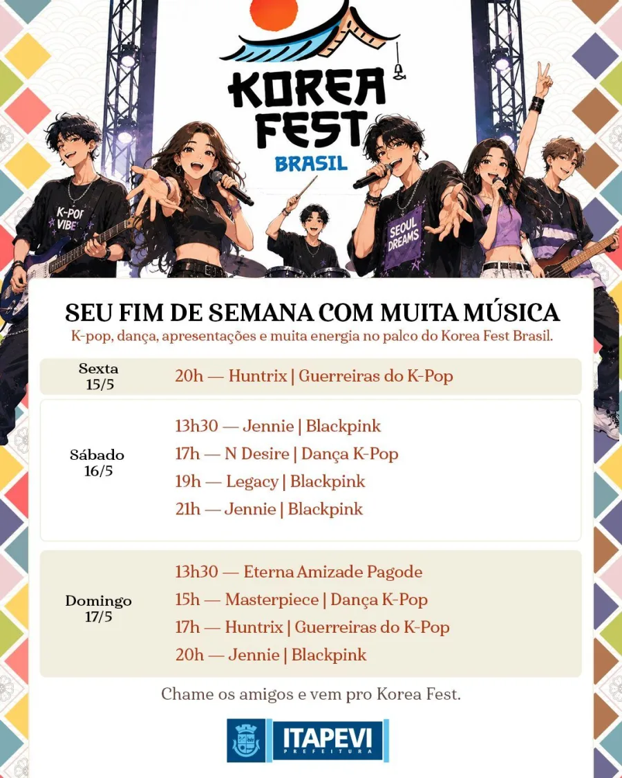 Com entrada gratuita, o festival reúne dança, música, cultura pop coreana e espaços instagramáveis entre os dias 15 e 17 de maio em Itapevi.