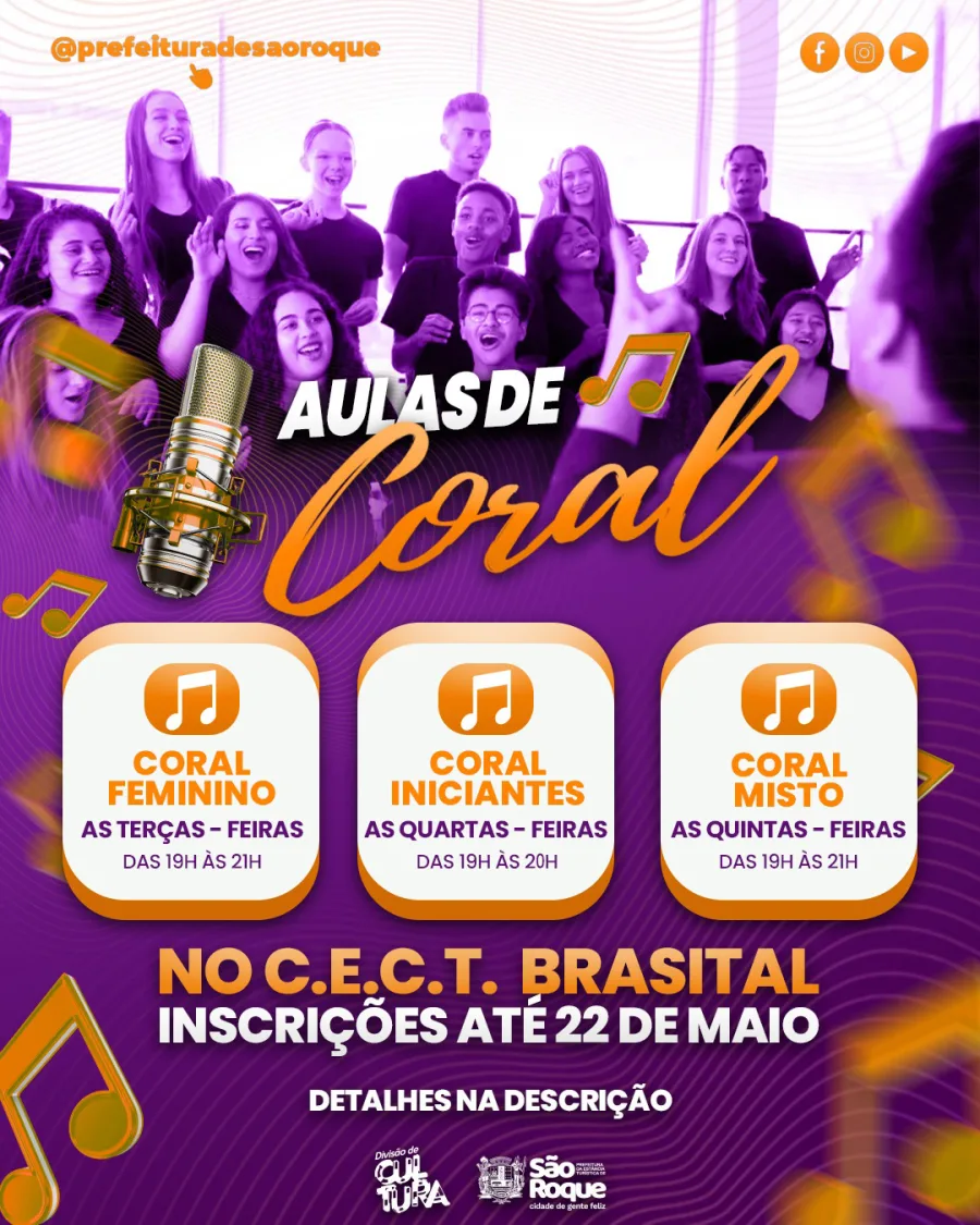 A programação inclui turmas para coral misto, coral feminino e iniciantes, com atividades gratuitas voltadas ao desenvolvimento vocal e à formação cultural.