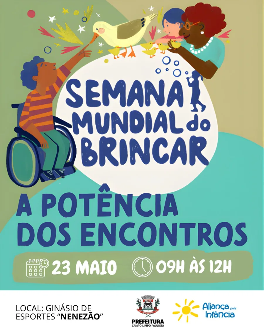 O evento acontece no dia 23 de maio, das 9h às 12h, no Ginásio de Esportes “Nenezão”, com atividades gratuitas ligadas ao brincar e à convivência coletiva.