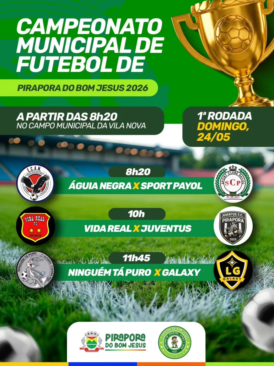 A primeira rodada do Campeonato Municipal de Pirapora terá jogos a partir das 8h20 e reunirá equipes tradicionais do futebol amador da cidade.