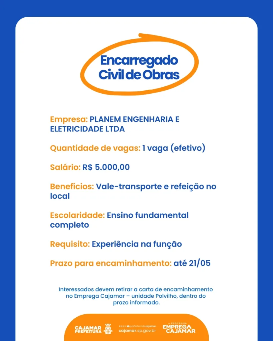 Planem Engenharia e Eletricidade abre vaga para Encarregado Civil de Obras com salário de R$ 5 mil e benefício de refeição no local em Cajamar.