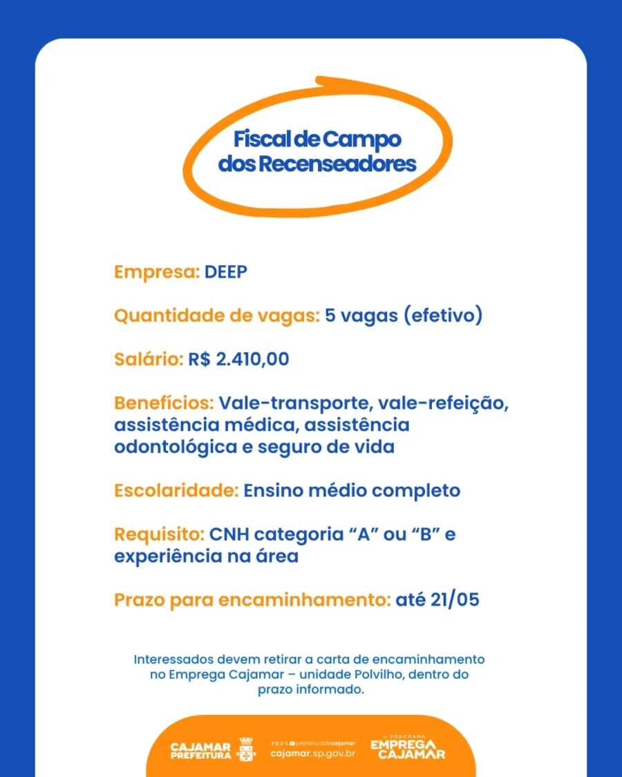 Vaga para Fiscal de Campo dos Recenseadores oferece salário de R$ 2.410, benefícios completos e exige CNH categoria A ou B com experiência na área.