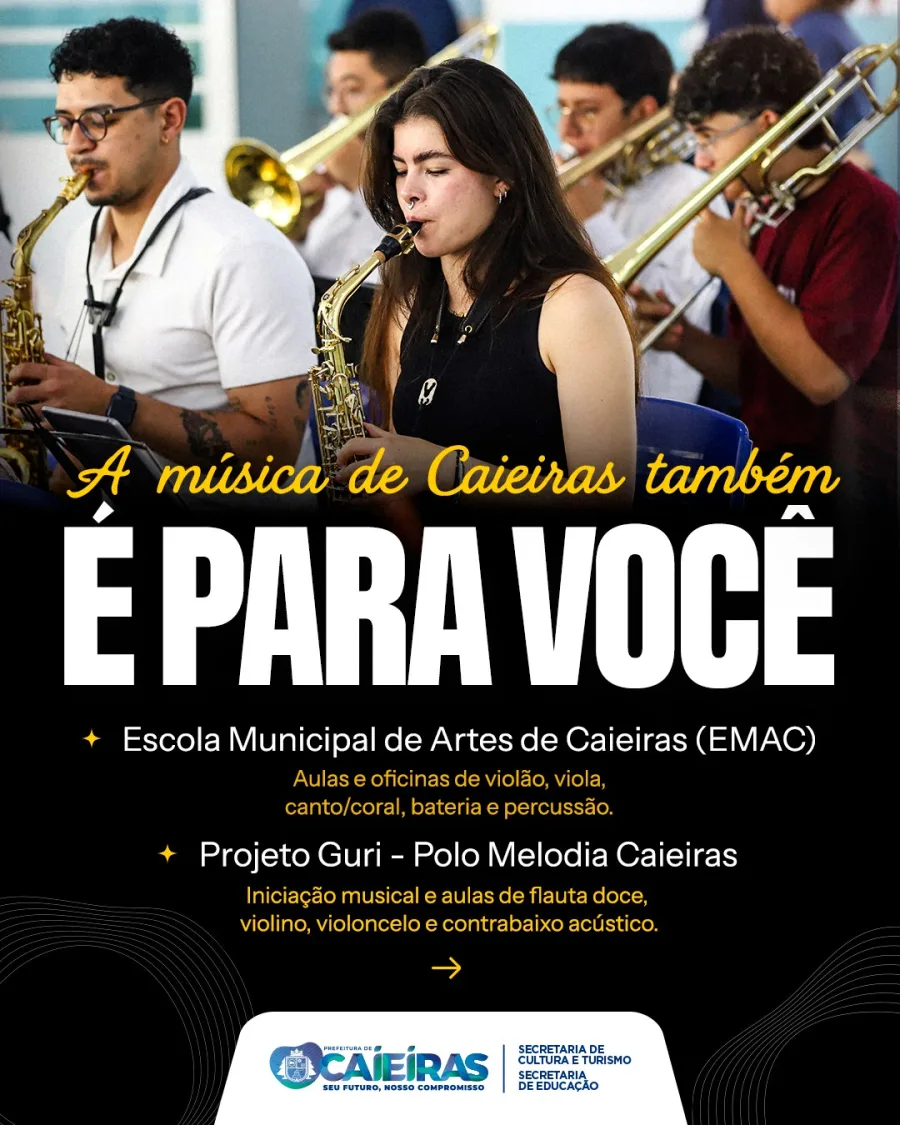 Aulas de violão, coral, percussão e violino fazem parte das atividades oferecidas pela EMAC e Projeto Guri na cidade.