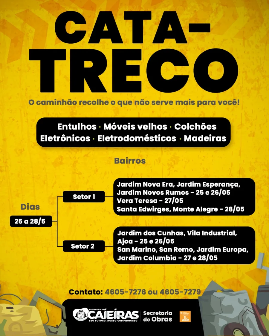 Moradores de bairros de Caieiras poderão descartar móveis velhos, eletrônicos e objetos sem uso durante operação do cata treco.