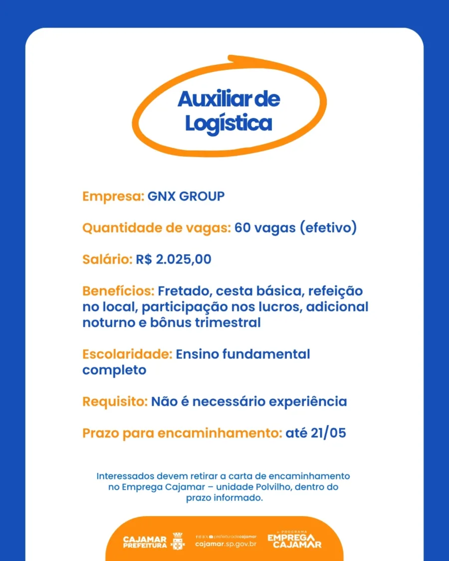 GNX Group abre 60 vagas para Auxiliar de Logística em Cajamar com contratação efetiva, benefícios como fretado e refeição no local, sem exigir experiência.