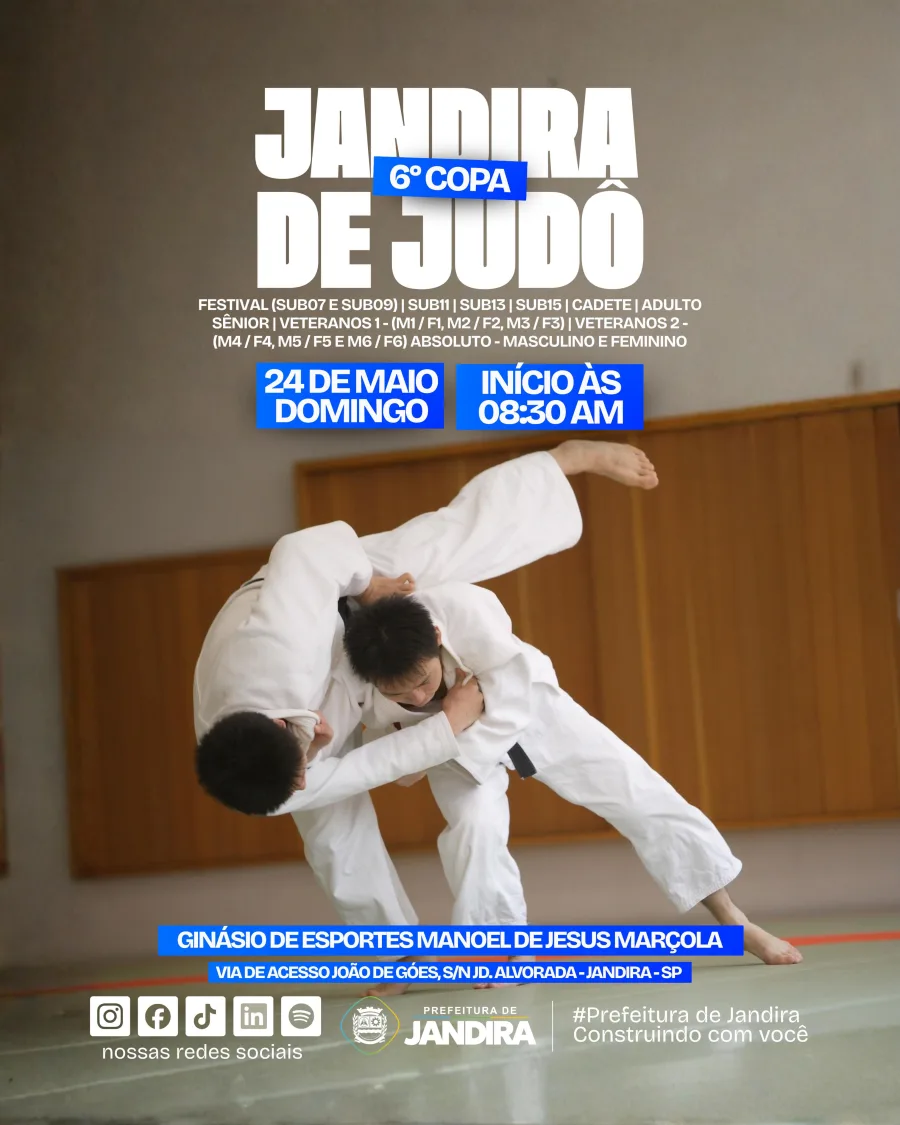 O evento esportivo em Jandira reunirá atletas de diferentes categorias de judô, incluindo festivais infantis, categorias adultas e veteranos.