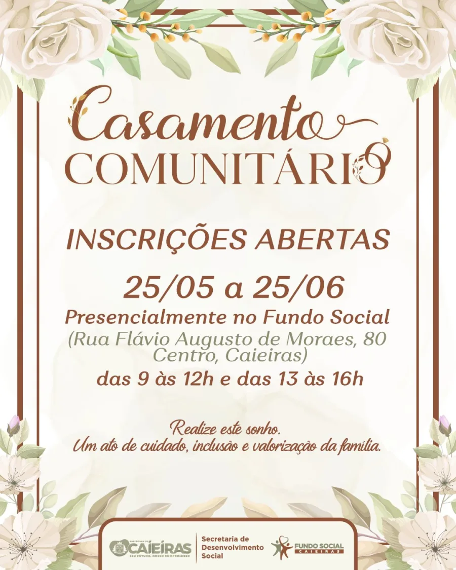 Casais de Caieiras já podem se inscrever no Casamento Comunitário 2026. Cadastro exige documentos pessoais, comprovante de endereço e inscrição no CadÚnico.