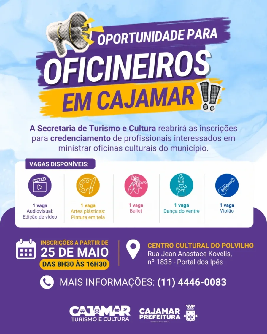 O processo será realizado a partir de 25 de maio no Centro Cultural do Polvilho com vagas em áreas como ballet, violão, dança do ventre e audiovisual.