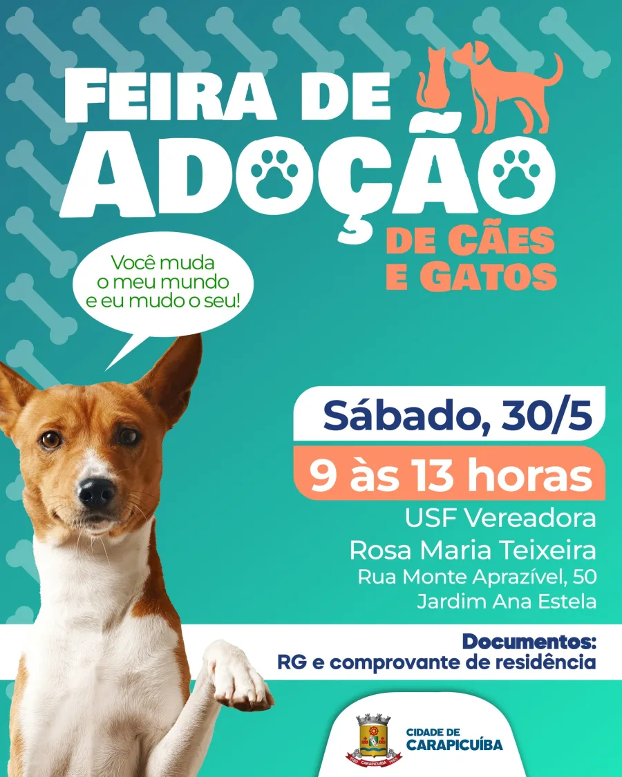 A feira de adoção em Carapicuíba acontece das 9h às 13h na USF Vereadora Rosa Maria Teixeira, no Jardim Ana Estela.