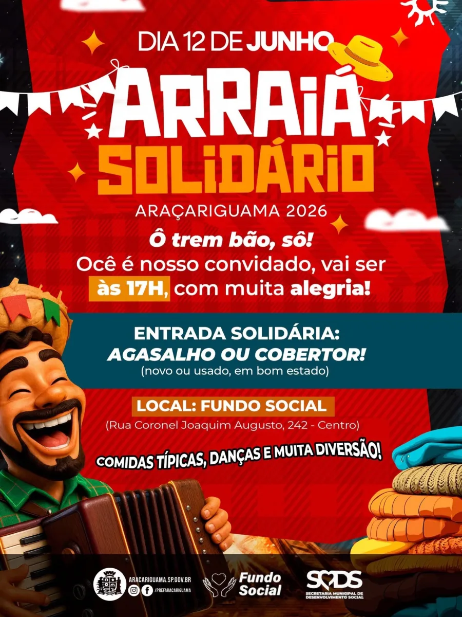A cidade de Araçariguama promove no dia 12 de junho uma festa junina beneficente com comidas típicas, danças e arrecadação de roupas de frio no Fundo Social.