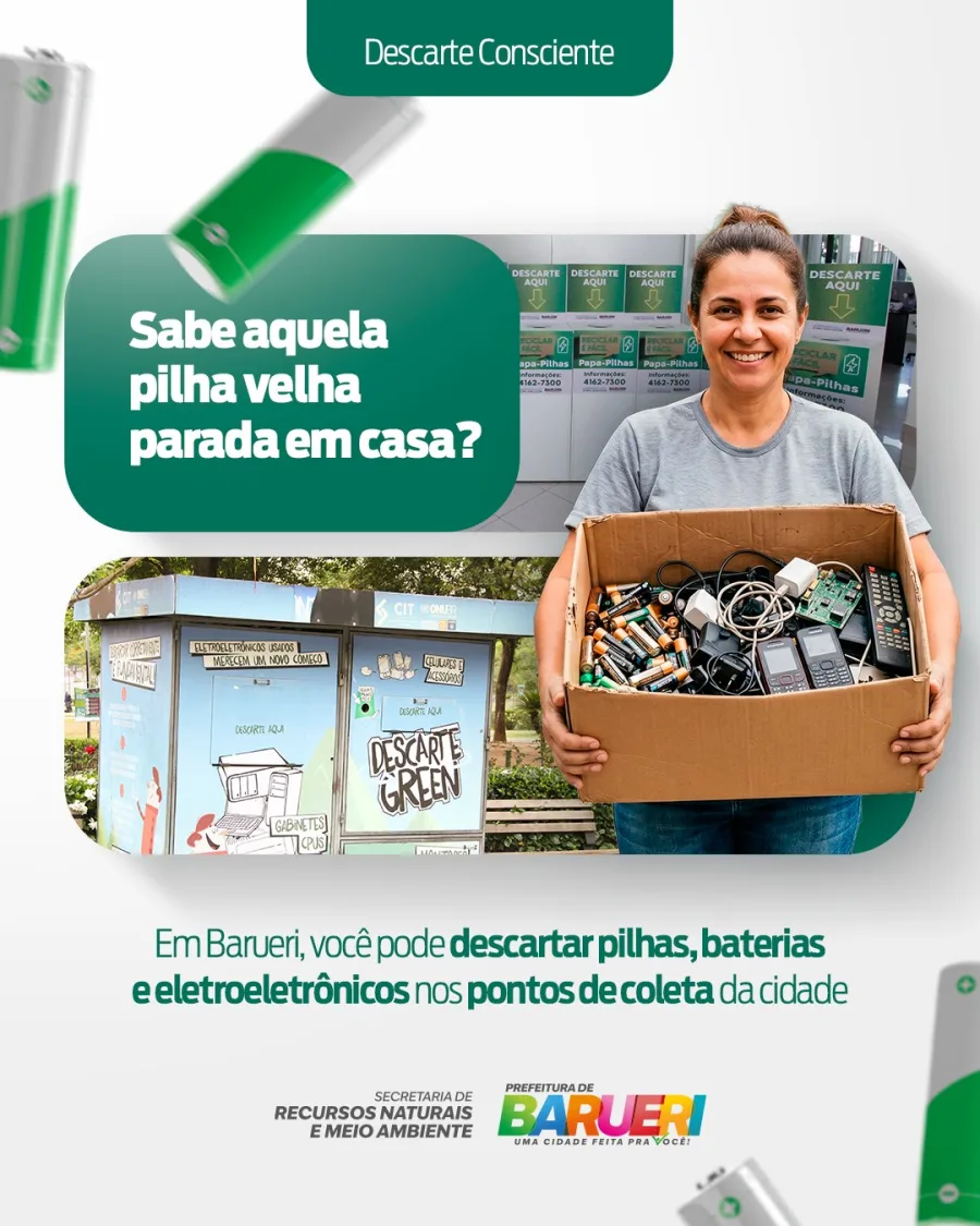 A cidade orienta moradores a utilizarem pontos de coleta específicos para descarte de materiais que podem contaminar o solo e a água quando jogados no lixo comum.