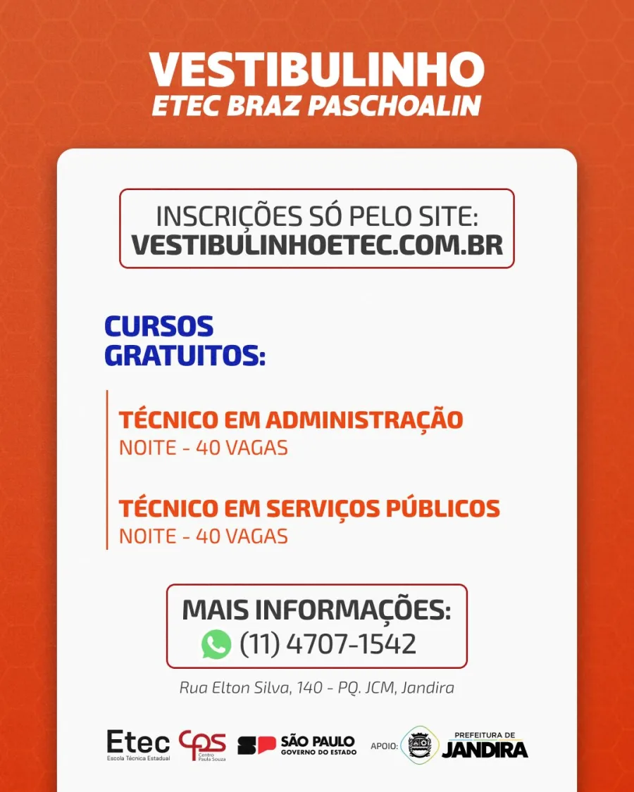 Cursos gratuitos em Jandira: ETEC Braz Paschoalin amplia prazo para novos alunos