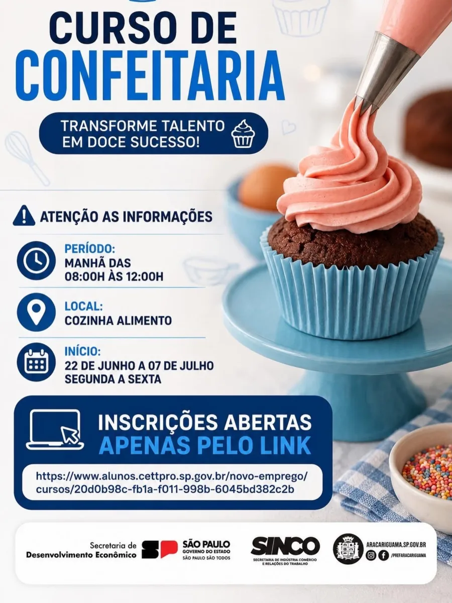 O curso gratuito de confeitaria em Araçariguama terá aulas práticas sobre massas, coberturas e recheios, com vagas limitadas e inscrição online.