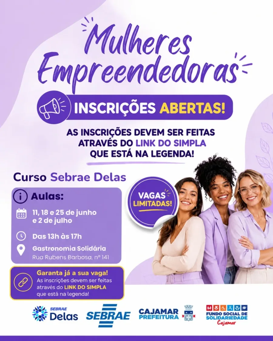 O curso Sebrae Delas será realizado em junho e julho em Cajamar com oficinas sobre marca pessoal, inteligência emocional e empreendedorismo.