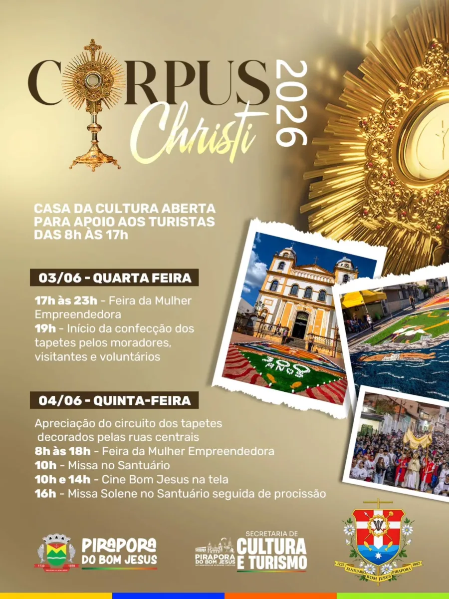 A celebração de Corpus Christi em Pirapora terá missas, procissão, feira de empreendedorismo e tapetes históricos com QR Code para visitantes.