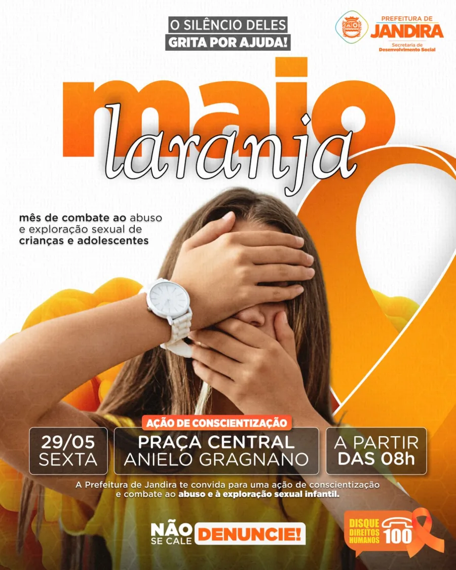 A campanha acontece na Praça Central Anielo Gragnano, em Jandira, e reforça a importância das denúncias de violência contra crianças e adolescentes.