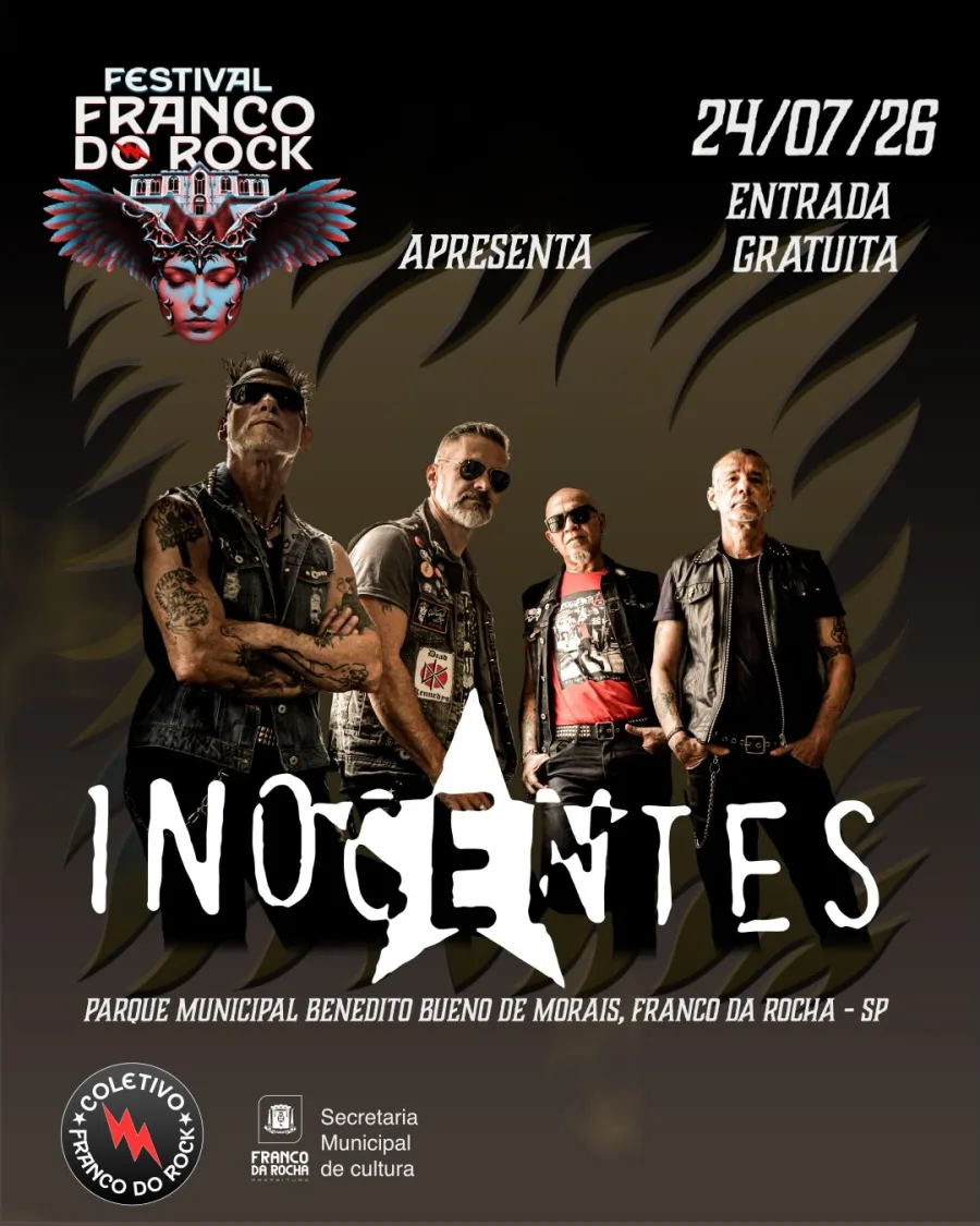 Franco da Rocha receberá a banda Inocentes em apresentação gratuita no dia 24 de julho de 2026. Evento integra o Festival Franco do Rock e será realizado em parque municipal.