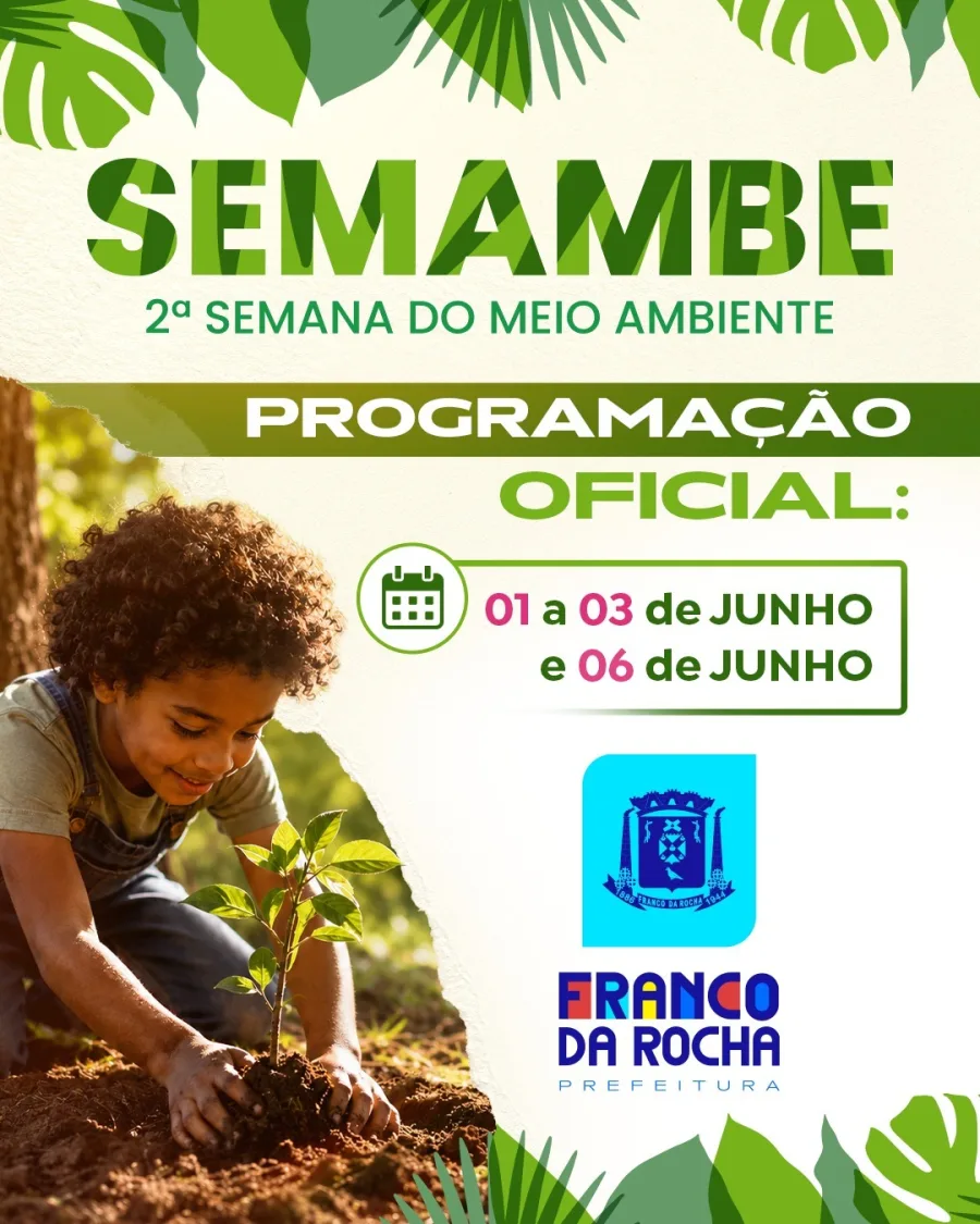 Entre 1º e 3 de junho, Franco da Rocha promove distribuição gratuita de mudas, ações no Viveiro Municipal e pedágio solidário de doação de mudas para incentivar a preservação ambiental.