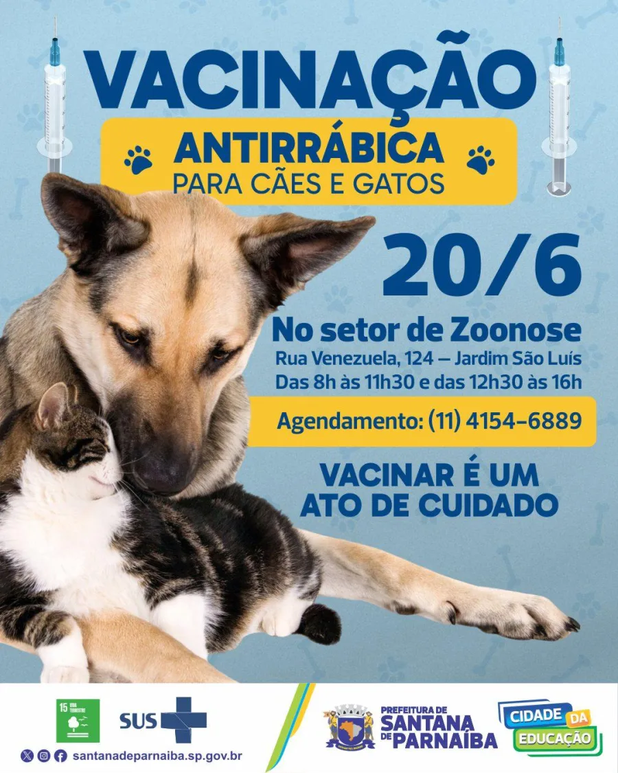 A campanha gratuita em Santana de Parnaíba terá atendimento para cães e gatos mediante agendamento prévio pelo telefone da prefeitura.