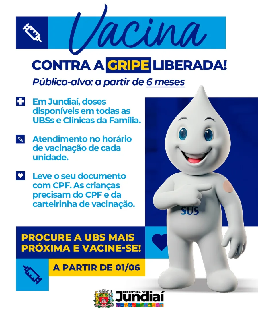 A vacinação começa em 1º de junho e estará disponível nas unidades de saúde da cidade conforme os horários definidos por cada local de atendimento.