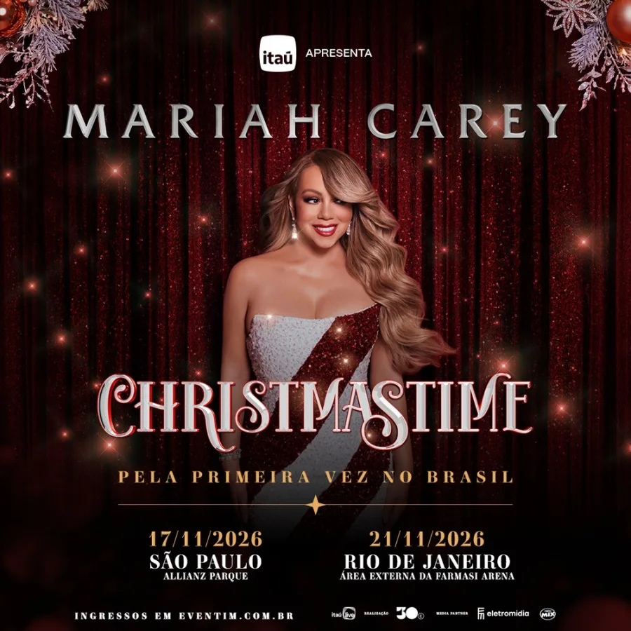 Mariah Carey fará apresentações em São Paulo e no Rio com repertório natalino inédito no país. Pré-venda para clientes Itaú começa em 28 de maio.
