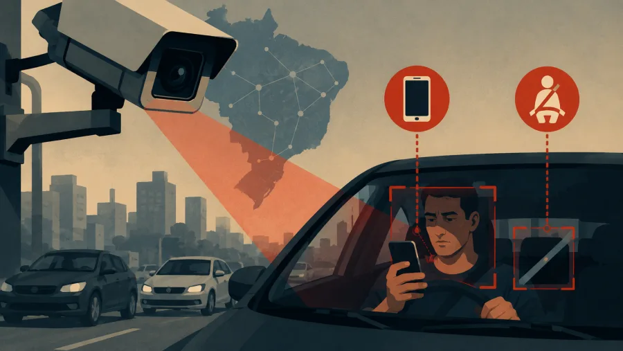Câmeras inteligentes e análise automatizada passaram a identificar infrações como falta de cinto e uso de celular em tempo real no trânsito brasileiro.