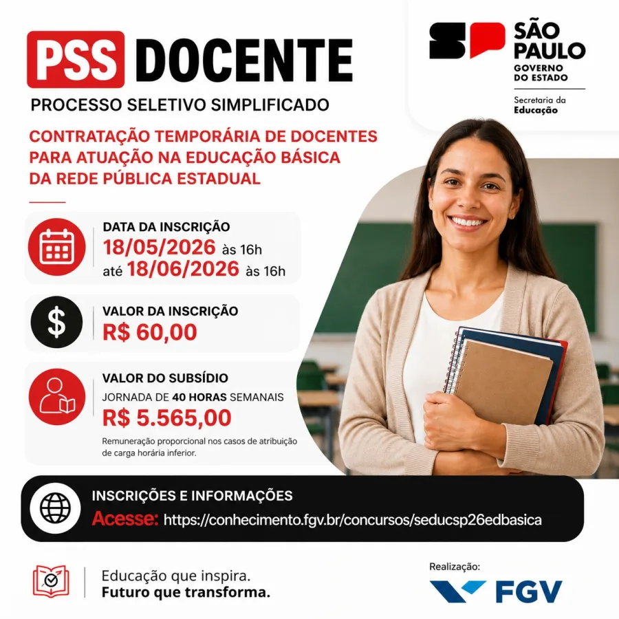 Secretaria da Educação de São Paulo abriu inscrições para contratação temporária de docentes até 18 de junho, com taxa de R$ 60