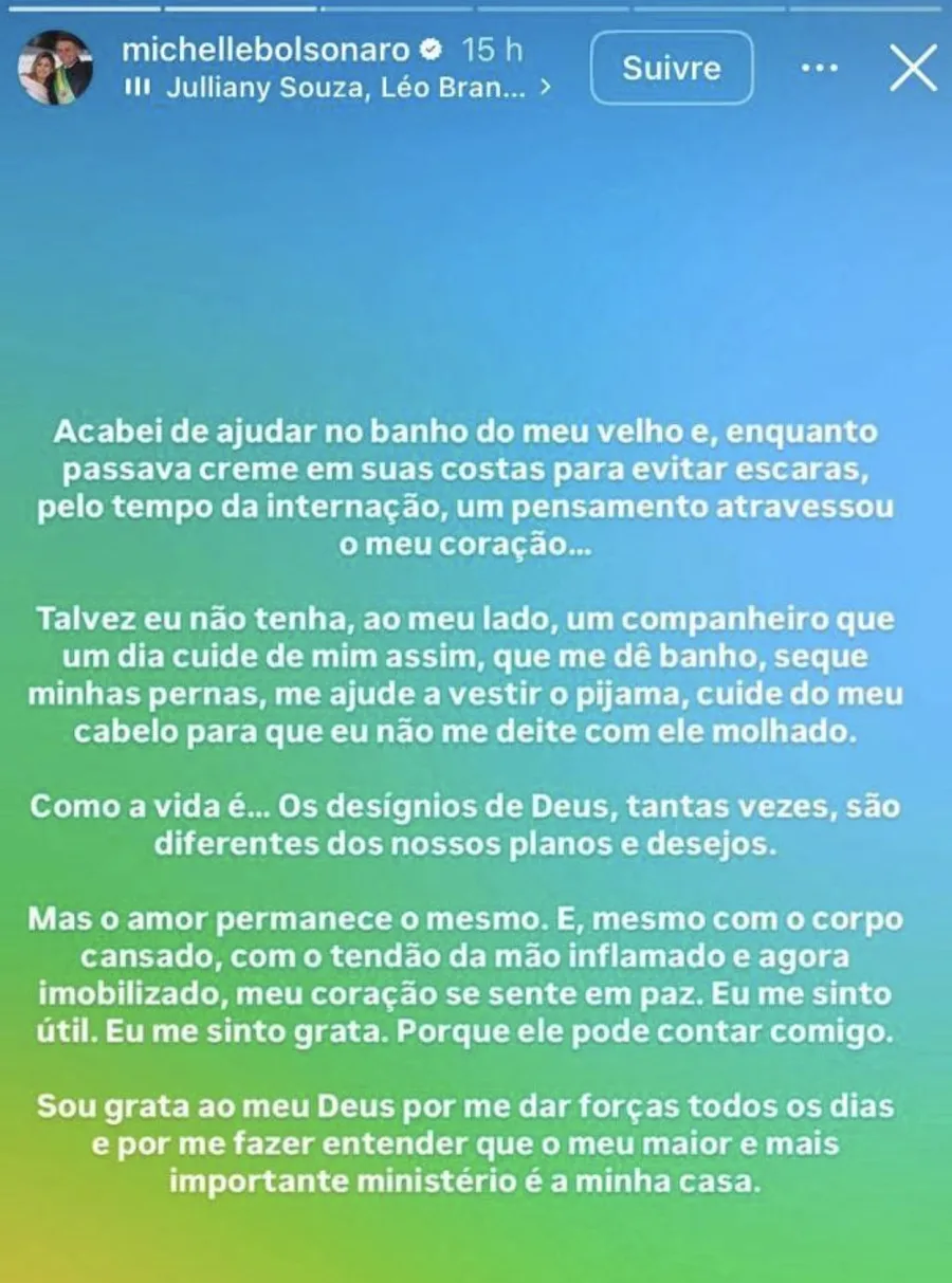 A rotina de Michelle Bolsonaro mudou completamente desde que Jair Bolsonaro deixou a penitenciária para cumprir prisão domiciliar por decisão do Supremo Tribunal Federal. Em publicação feita nesta quarta-feira, a ex-primeira-dama relatou que passou a administrar remédios, auxiliar na recuperação física do ex-presidente e reorganizar a própria agenda política para permanecer ao lado do marido. O texto foi divulgado após Bolsonaro receber alta de uma cirurgia no ombro direito, realizada para tratar lesões no manguito rotador.