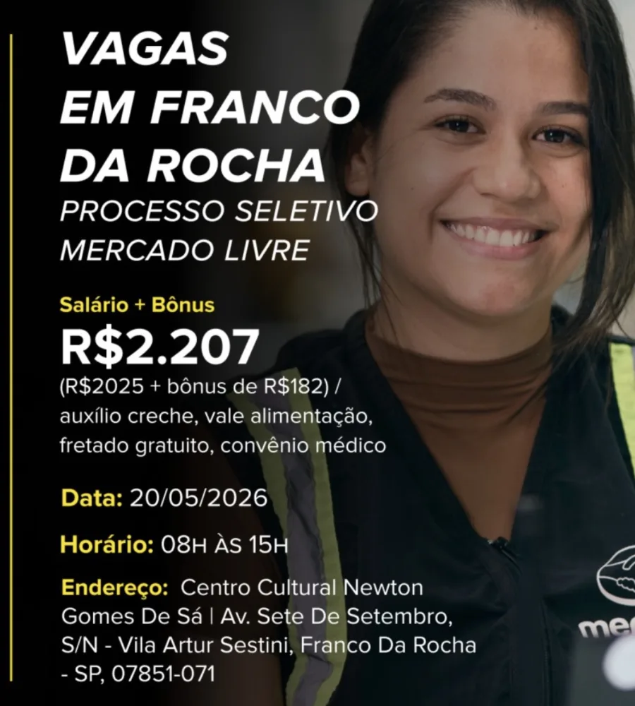 A seleção organizada pelo PAT de Franco da Rocha acontecerá no Centro Cultural Newton Gomes de Sá, das 8h às 15h.