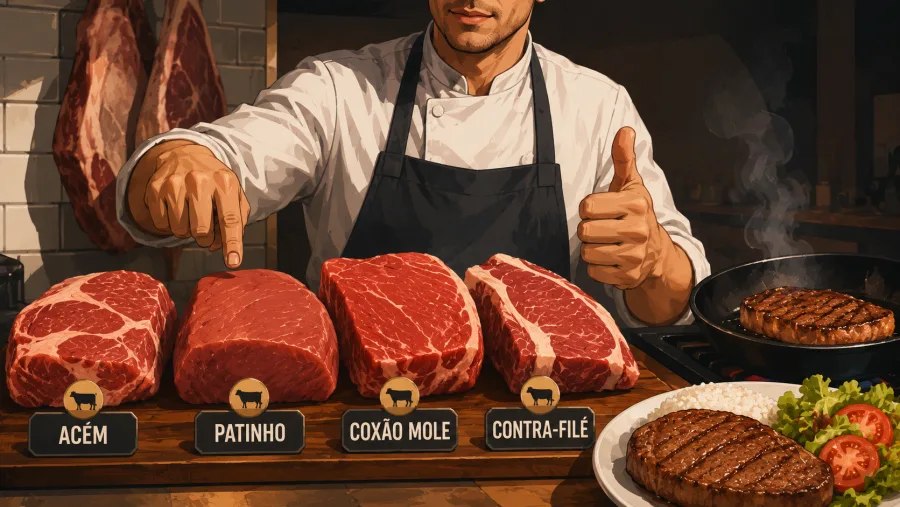 Acém é mais barato, patinho tem menos gordura, coxão mole entrega maciez e contra-filé se destaca pela suculência no preparo diário.