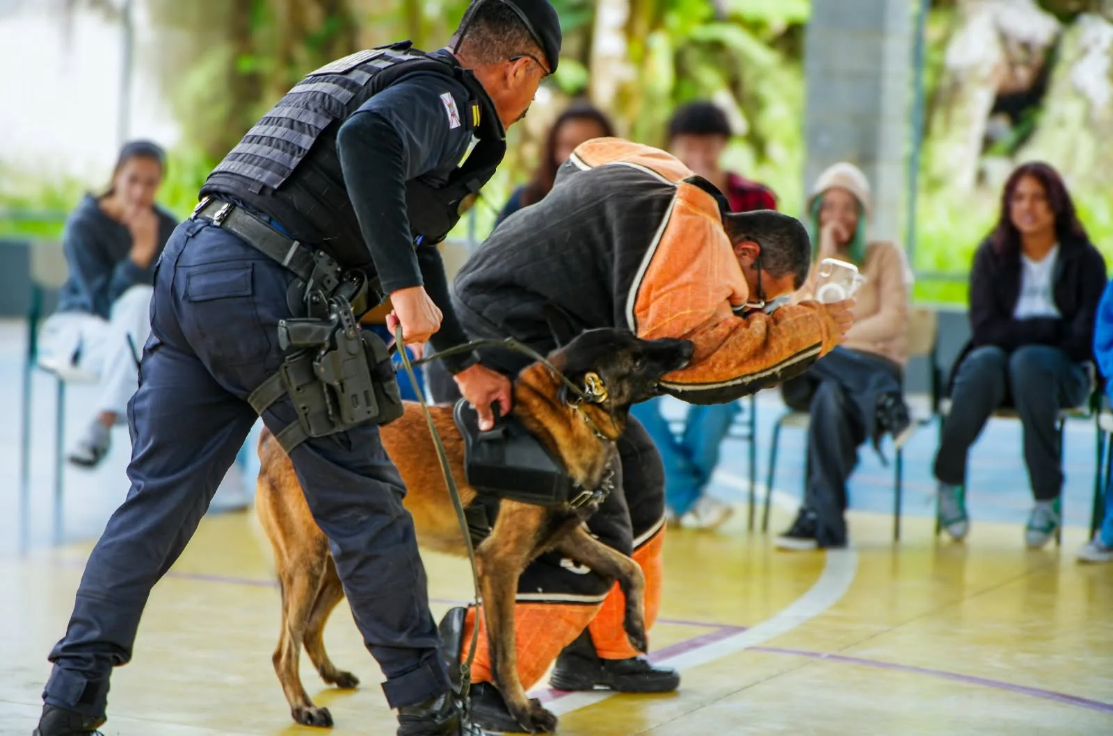 Canil da GCM entra em escola de São Roque e ação com cães policiais chama atenção de alunos