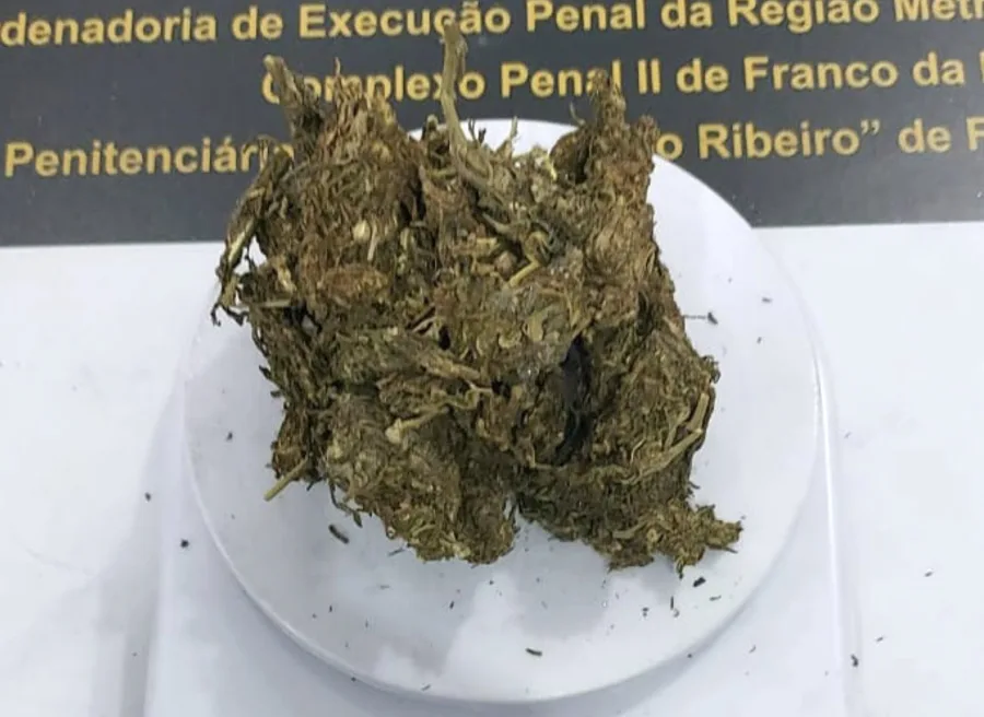 Mulher foi encaminhada à delegacia após agentes encontrarem 62 gramas de substância semelhante à maconha durante revista.